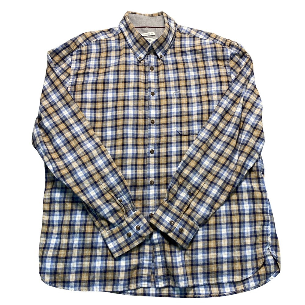 Jos. A. Bank 1905 Tailored Fit Plaid Flannel Shirt Mens XL Blue Tan Cotton